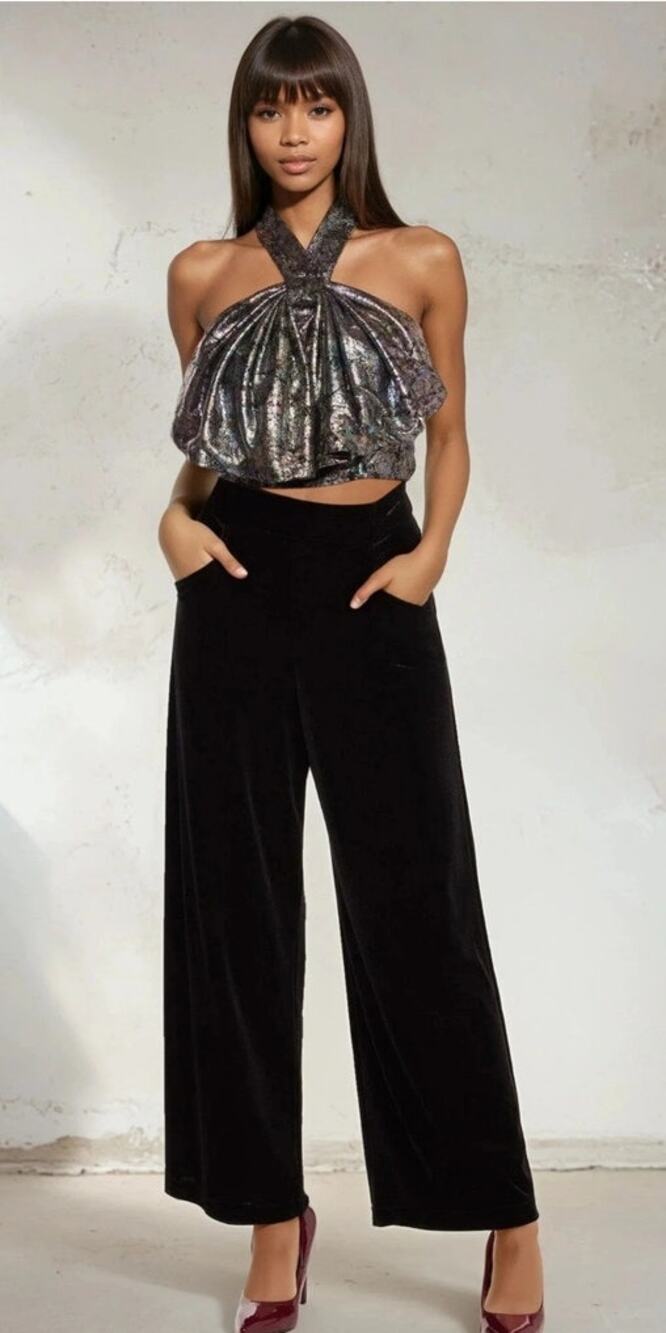 Eva Franco Hepburn Velvet Pants Women’s 2 Black Wide Leg High Rise USA Made